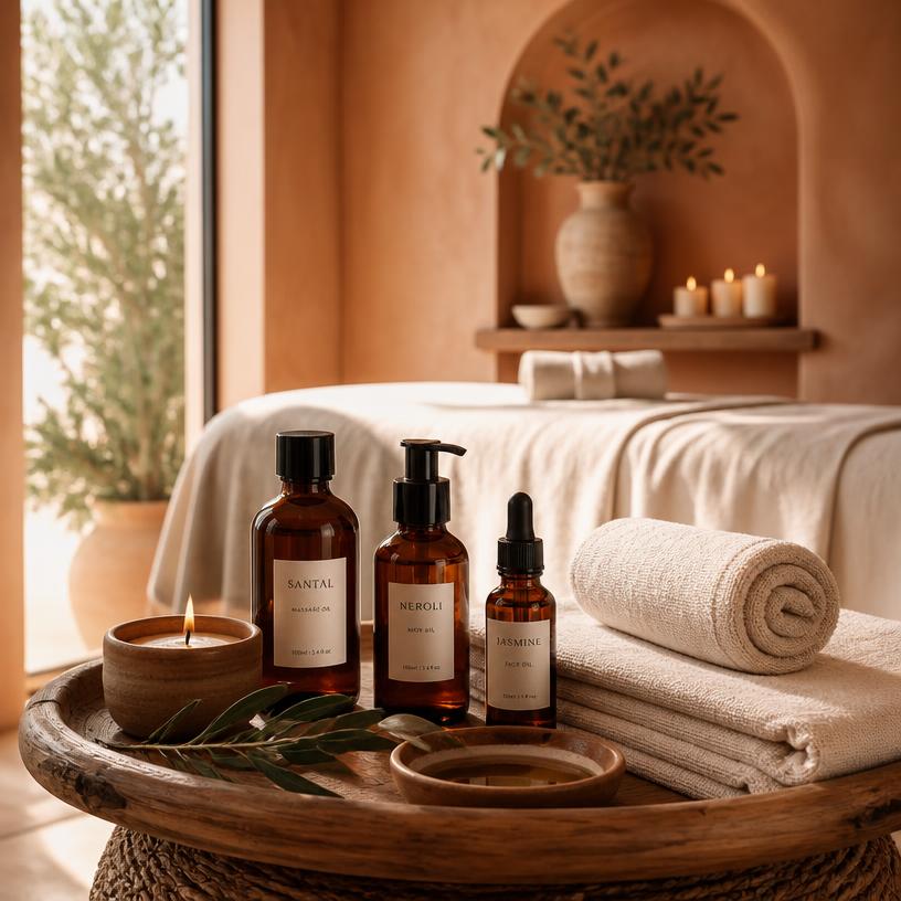 Aceites y toallas en un ambiente de spa cálido y mediterráneo