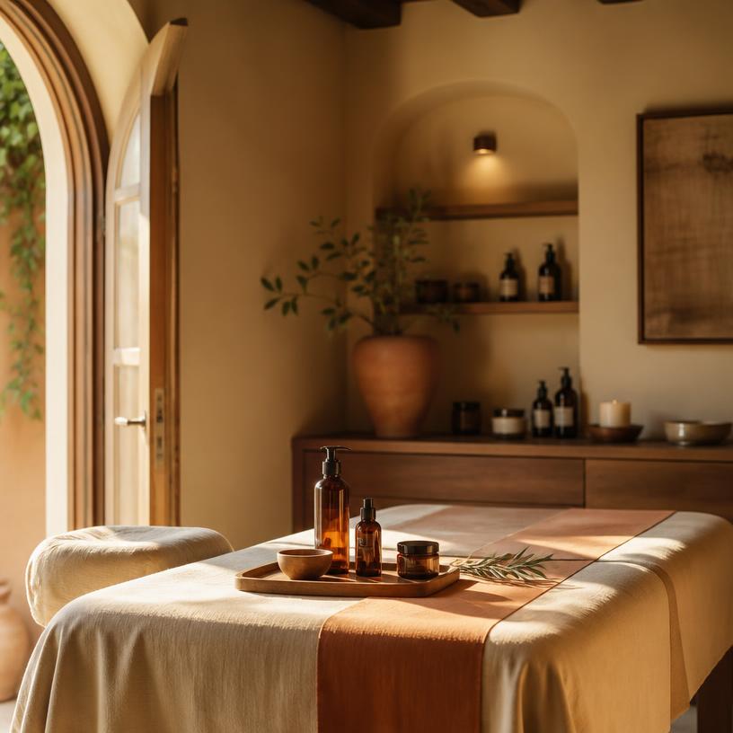 Sala de masajes cálida con luz suave y productos naturales